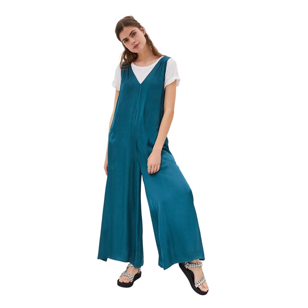 Anthropologie Jumpsuit Sz Medium Teal Juniper V Neck Sleeveless Wide Leg Pockets